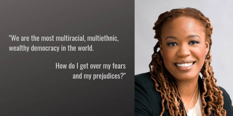 Heather McGhee response to prejudiced caller. Picture with Heather McGhee that reads "We are the most multiracial, multiethnic, wealthy democracy in the world. How do I get over my fears and prejudices?"