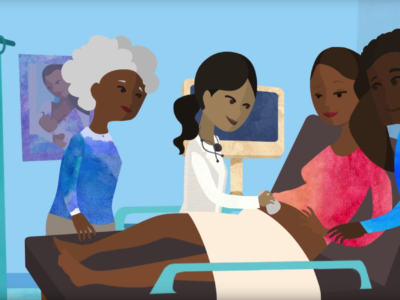 illustration of a multigenerational Black family at a prenatal doctor's appointment