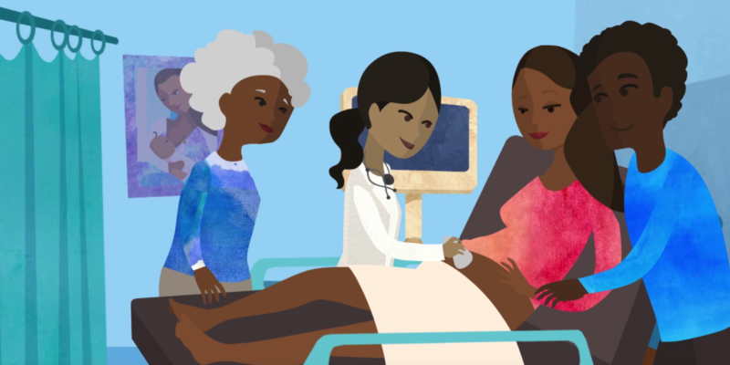 illustration of a multigenerational Black family at a prenatal doctor's appointment