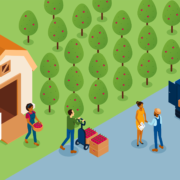 An illustration of a apple orchard farm with people loading a truck with boxes of apples.