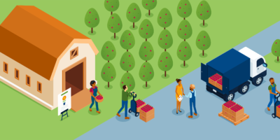 An illustration of a apple orchard farm with people loading a truck with boxes of apples.