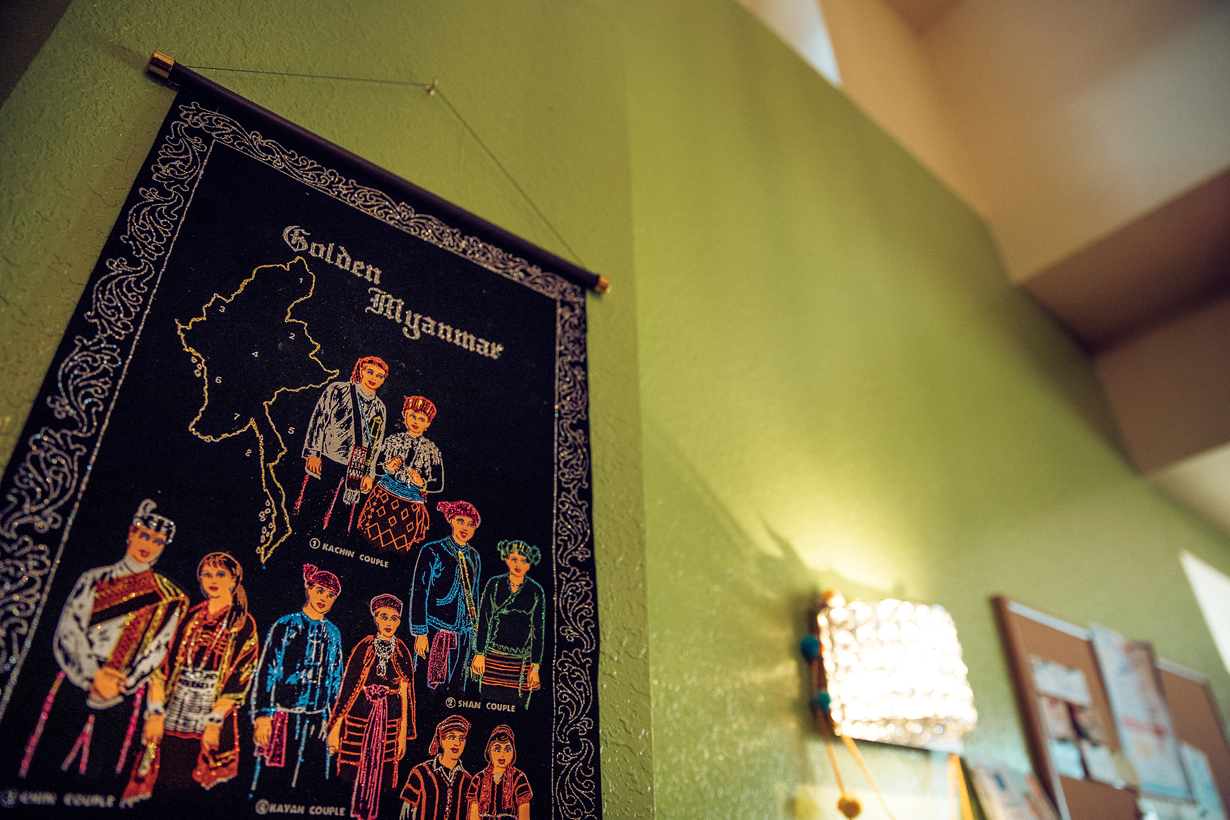 A cloth embroidery of Myanmar in the A plate of a noodle dish at Shwe Mandalay Burmese Cuisine restaurant in Battle Creek, Michigan.