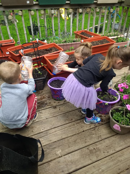 Three young gardeners caring for their plants in Cedar Rapids, IA. Photo courtesy of Iowa AEYC.