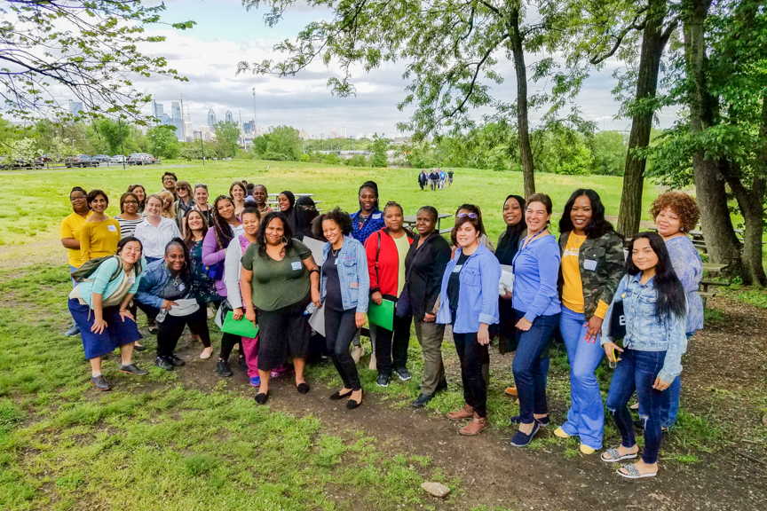 Philadelphia Regional Learning Collaborative members during their first meeting at The Sankofa Community Farm at Bartram's Garden, a city oasis with Philadelphia’s center city skyline in the background.