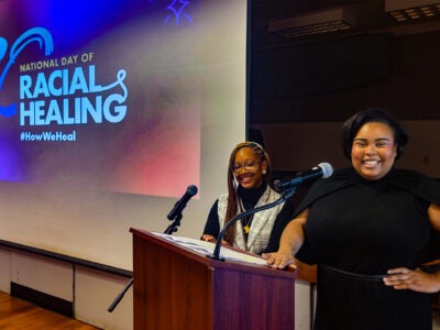 Staff and partners with the South Sound YMCA emcee a Community Conversation event in Olympia, Washington, as part of the National Day of Racial Healing.