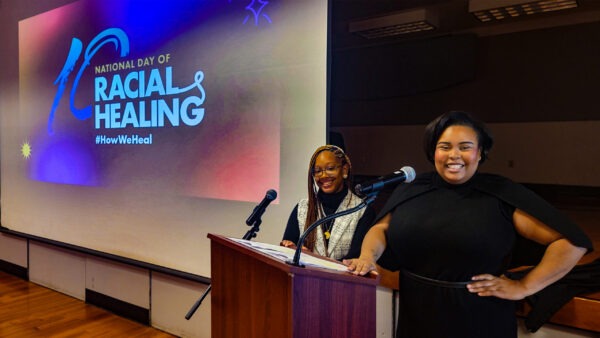 Staff and partners with the South Sound YMCA emcee a Community Conversation event in Olympia, Washington, as part of the National Day of Racial Healing.
