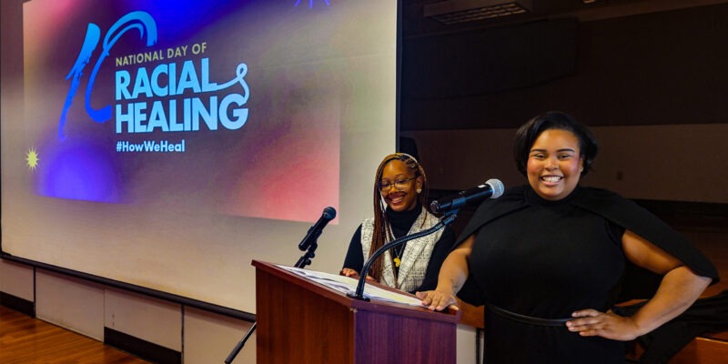 Staff and partners with the South Sound YMCA emcee a Community Conversation event in Olympia, Washington, as part of the National Day of Racial Healing.